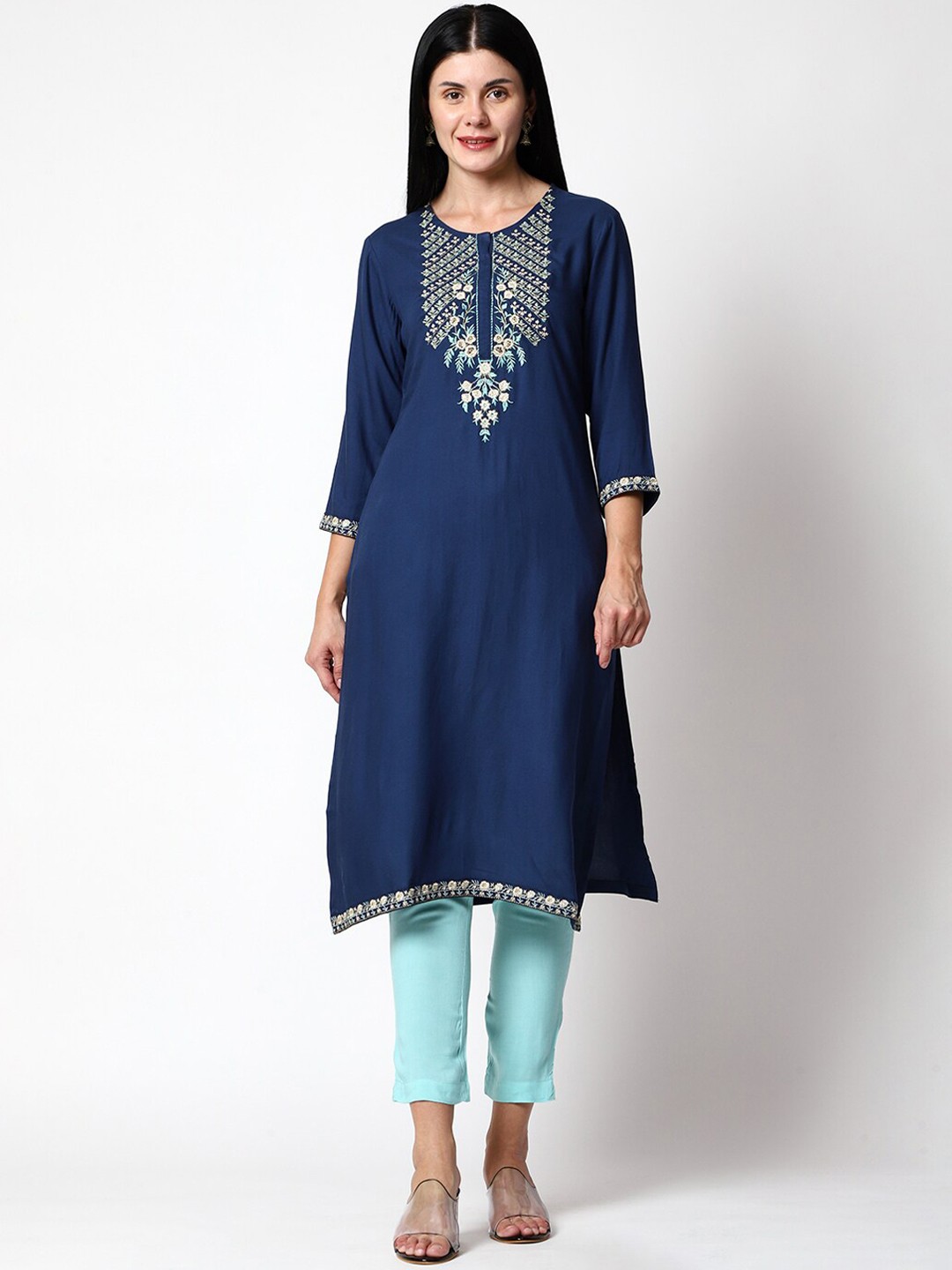 

SHEREEN Women Teal Yoke Design Kurta with Trousers
