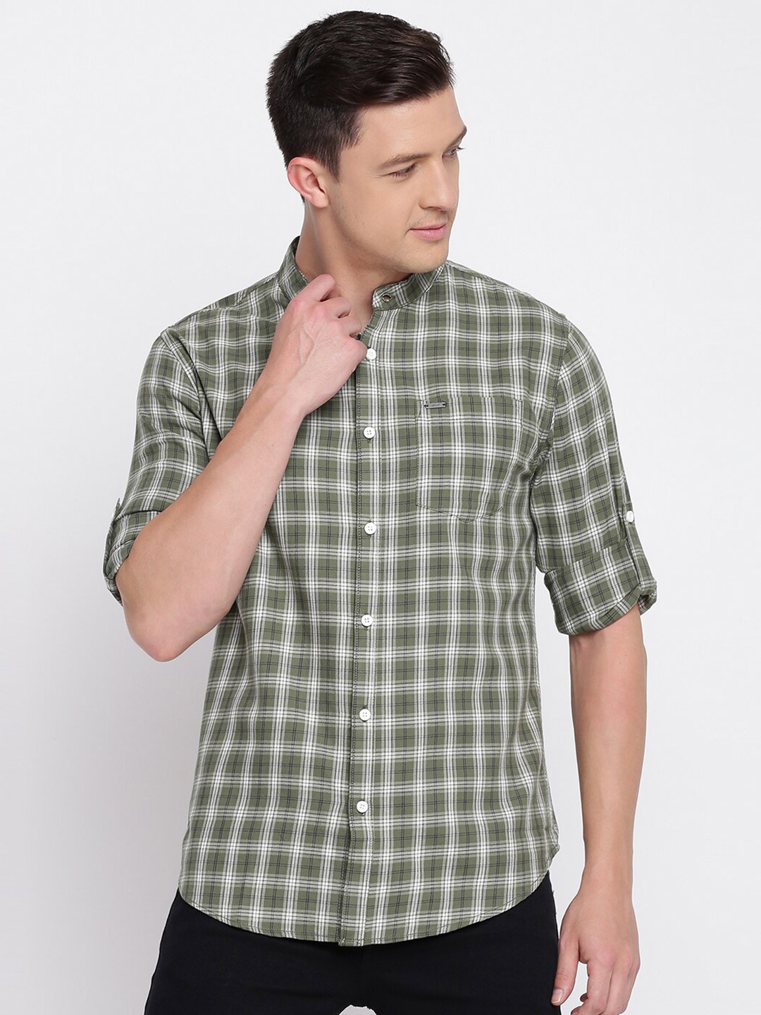 

abof Men Olive Green Slim Fit Tartan Checked Cotton Casual Shirt