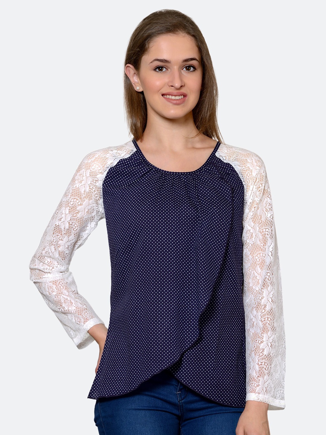 

PATRORNA Women Navy Blue & White Polka Dots Long Sleeves Top