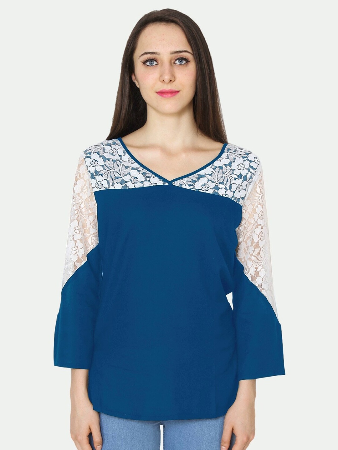

PATRORNA Women Blue & White V-Neck Self Design Cotton Blend Top