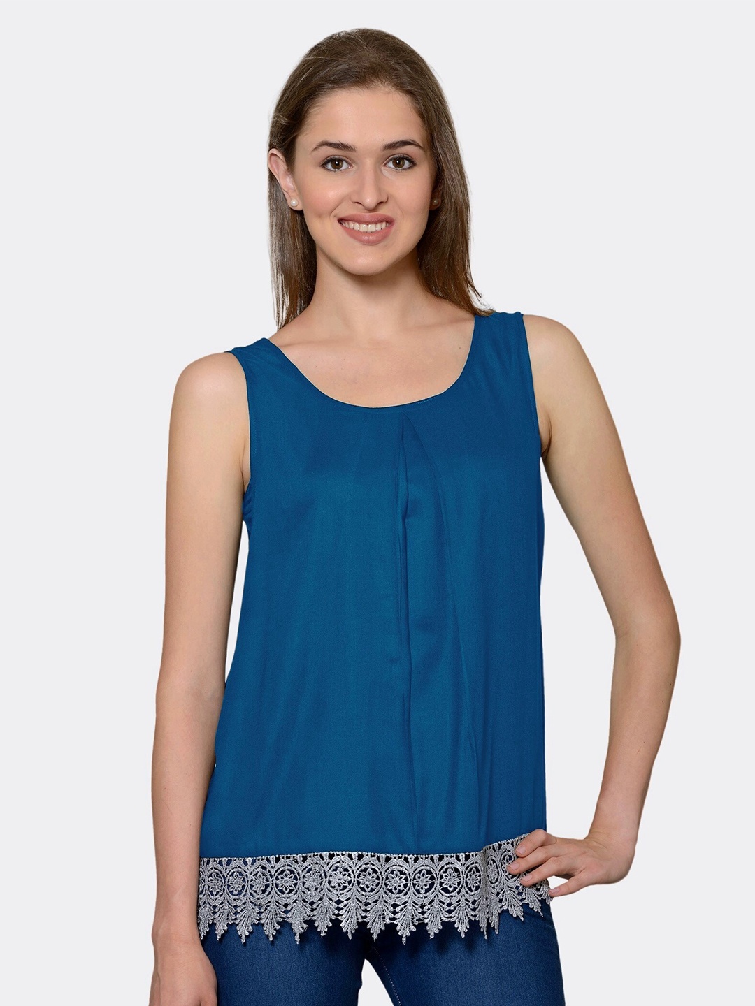 

PATRORNA Women Blue Solid Lace Detailed Top