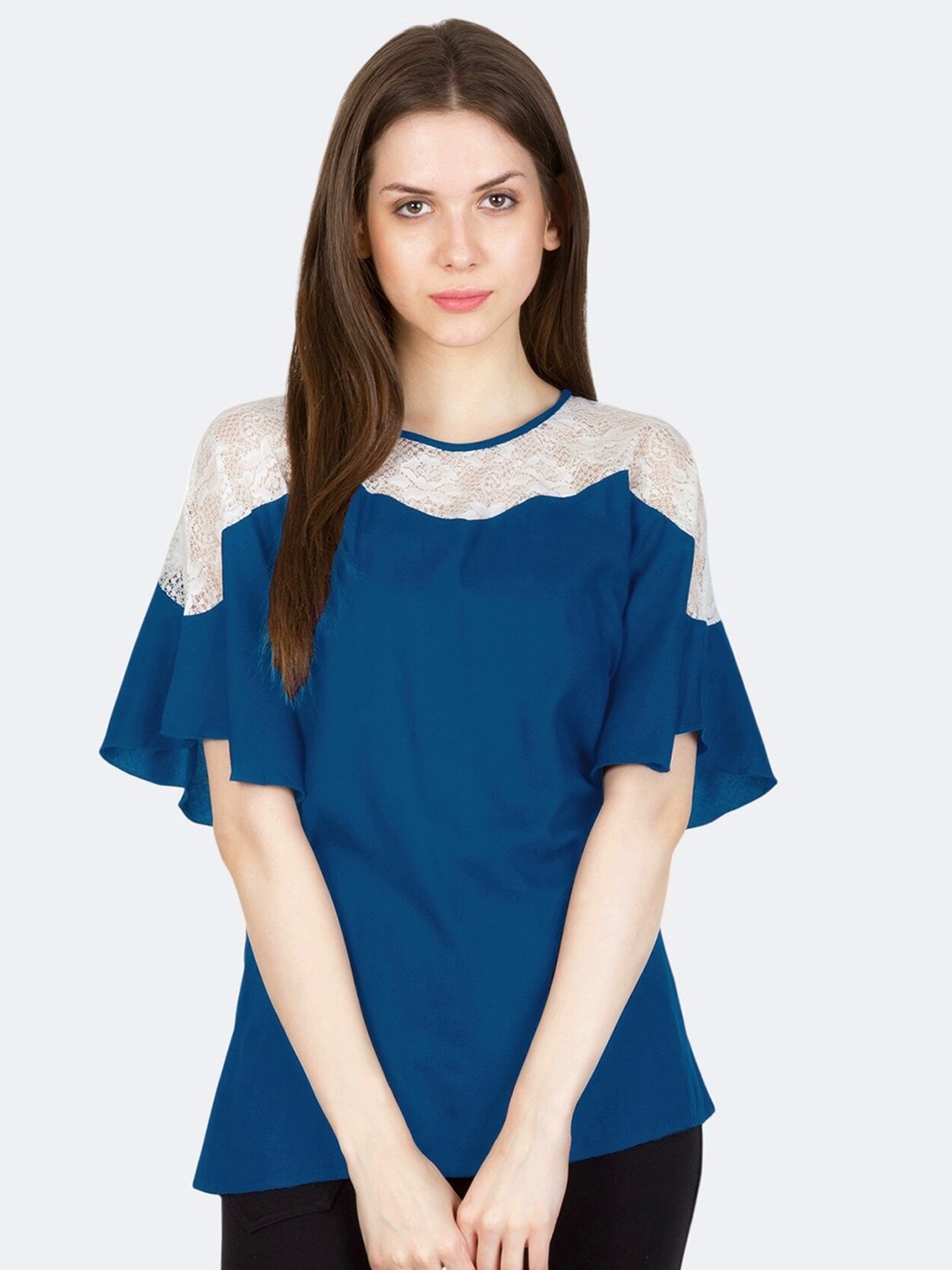 

PATRORNA Blue & White Solid Round Neck Flared Sleeves Regular Top