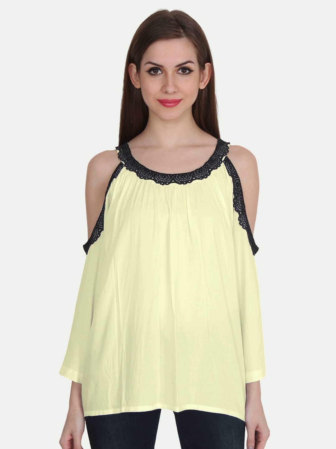 

PATRORNA Women Cream-Coloured & Black Cold-Shoulder Sleeves Cotton Blend Top