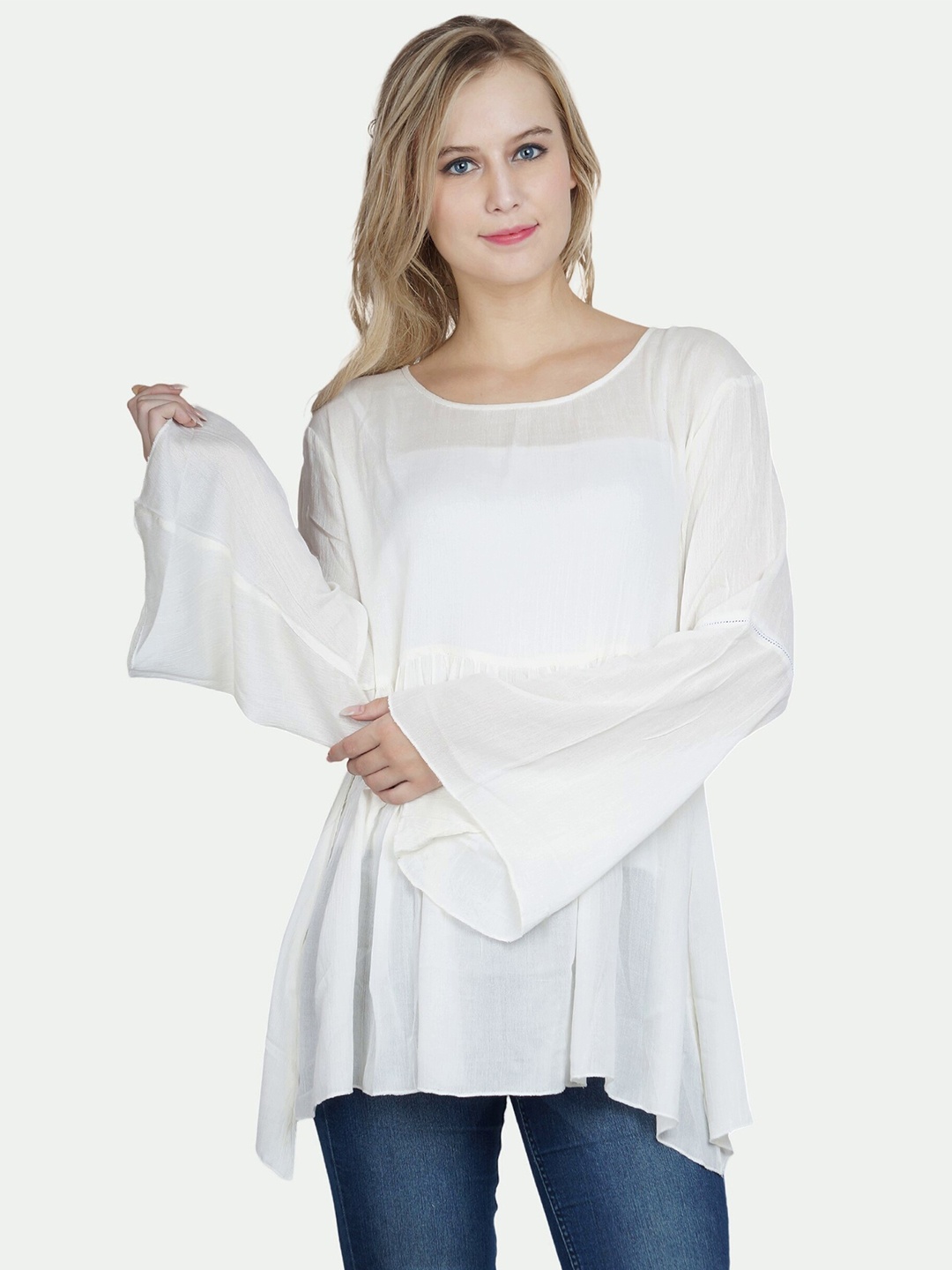 

PATRORNA Women White Solid Round Neck Bell Sleeves Longline Top
