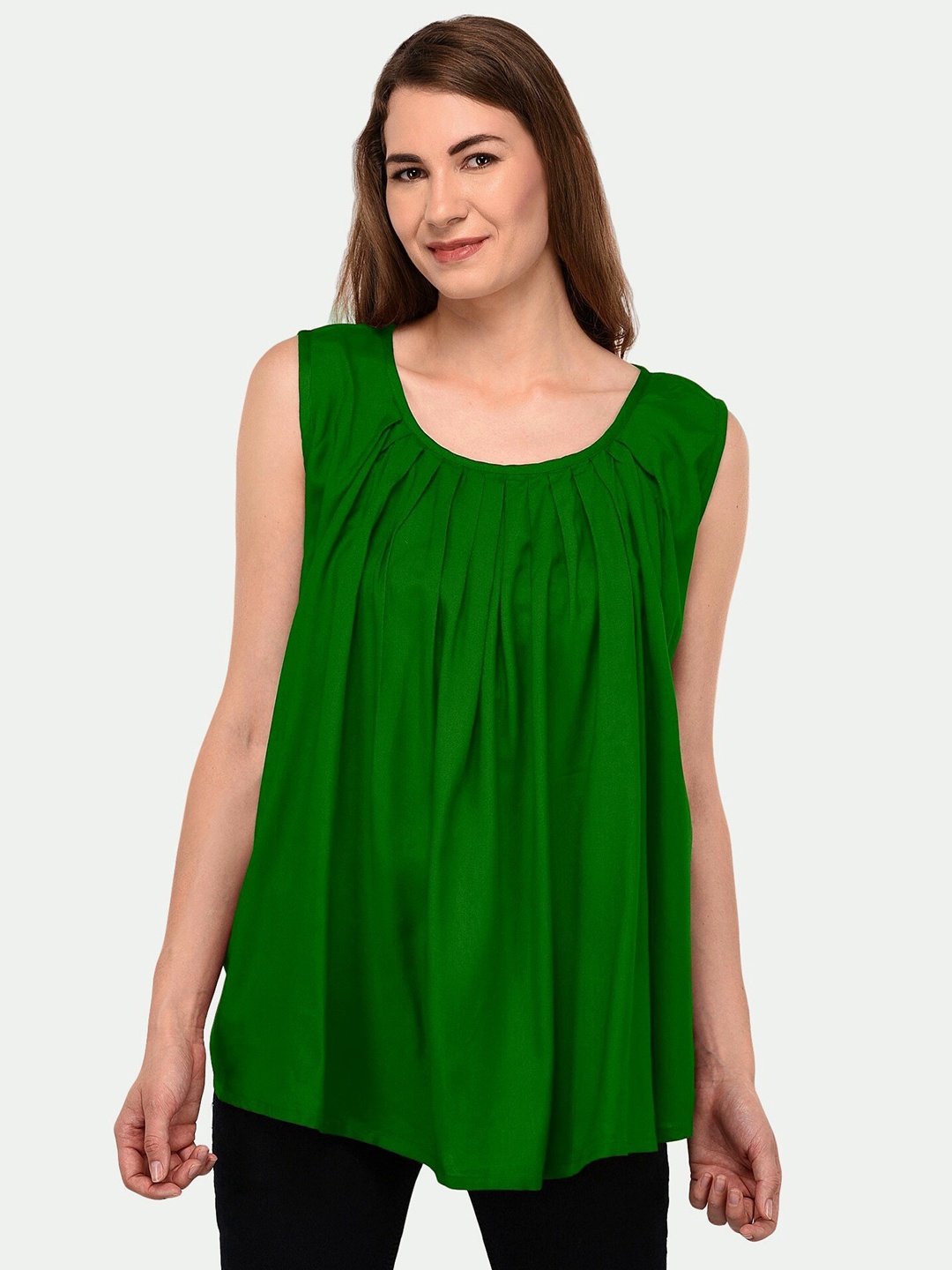 

PATRORNA Women Green Solid Round Neck Sleeveless Cotton Blend Top