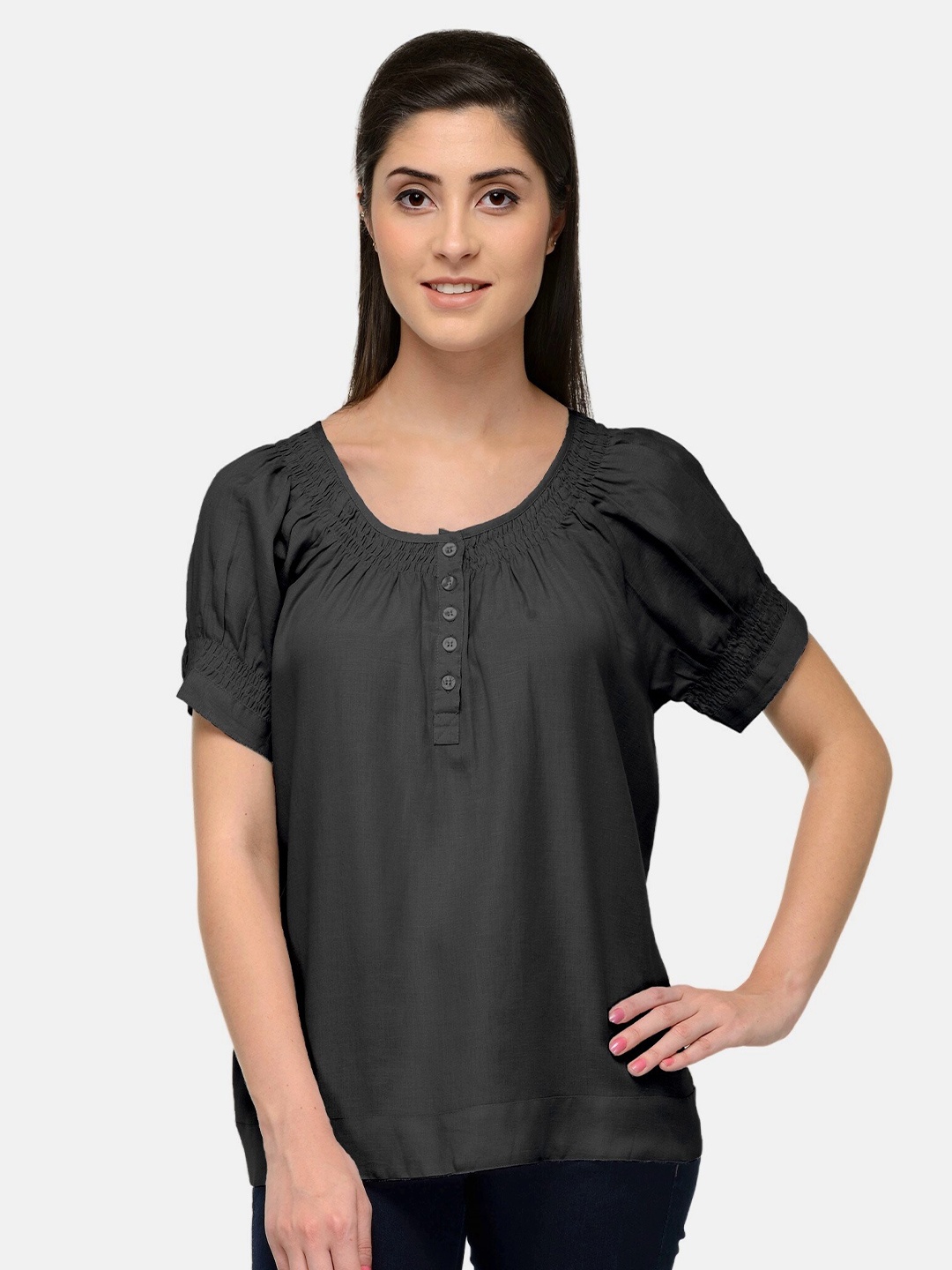 

PATRORNA Women Black Solid Round Neck Smocking Regular Top