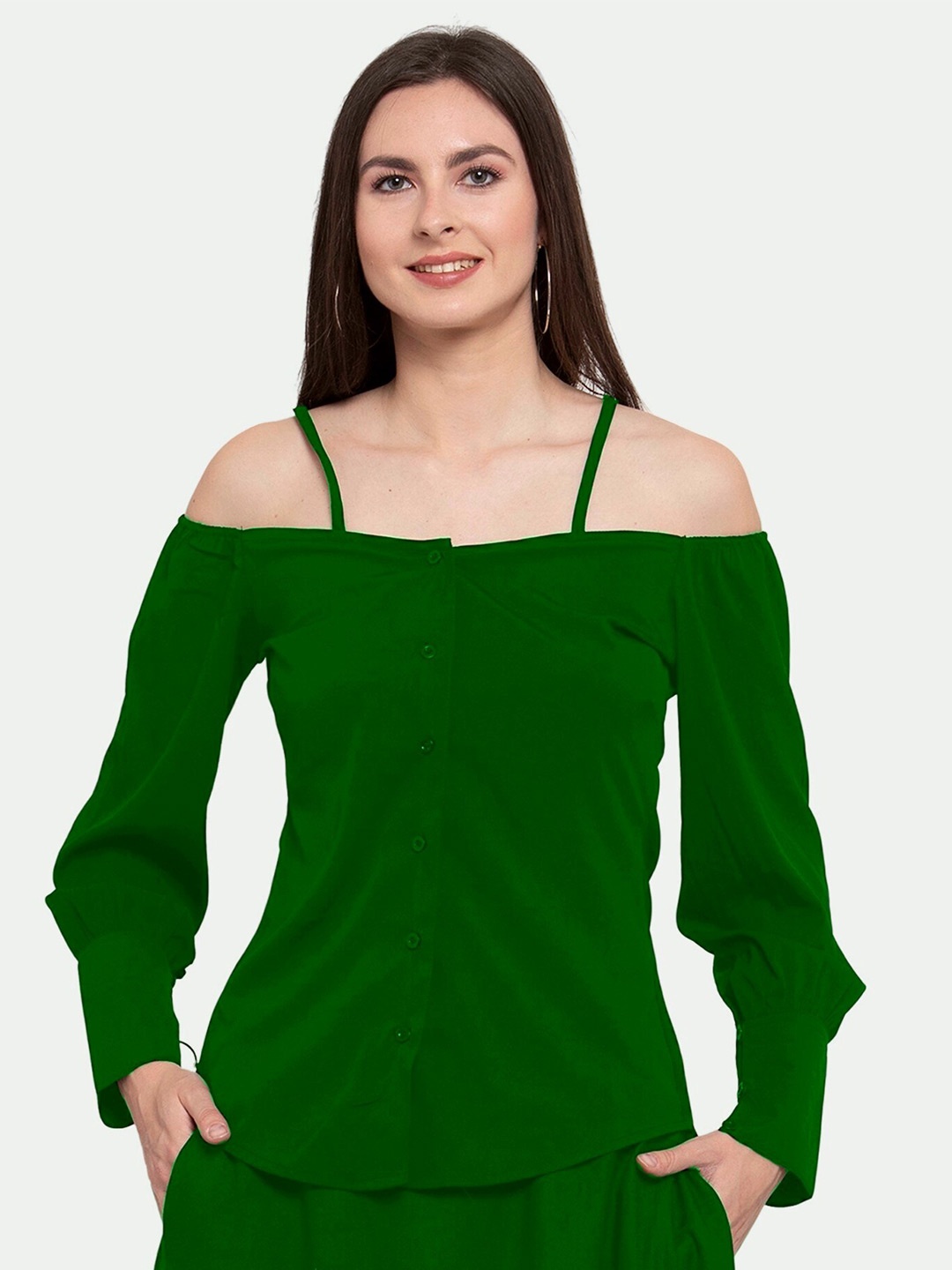 

PATRORNA Green Solid Off-Shoulder Shirt Style Top