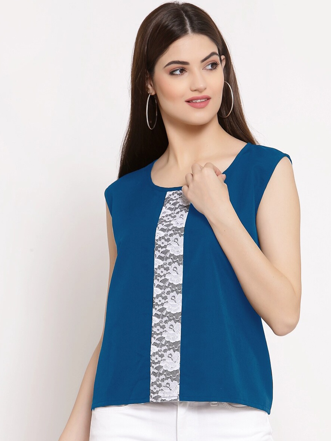 

PATRORNA Women Teal & White Solid Sleeveless Cotton Blend Regular Top