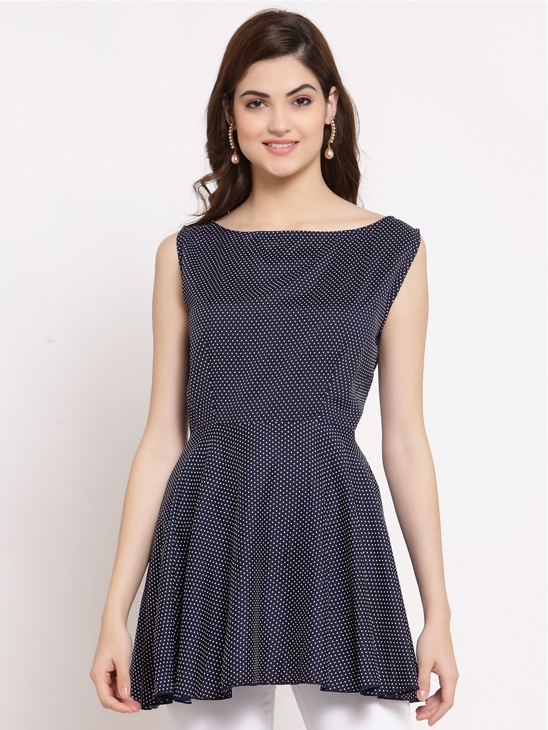

PATRORNA Women Navy Blue & White Geometric Print Longline Top