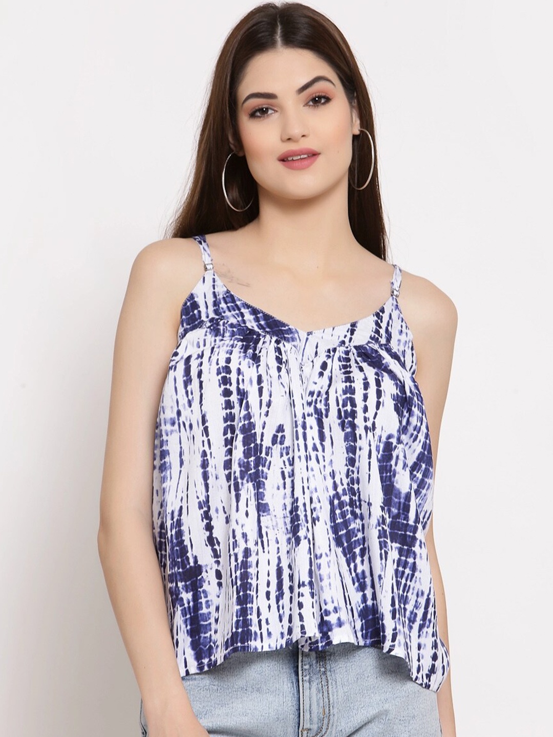 

PATRORNA Women Blue & White Tie and Dye Print Top