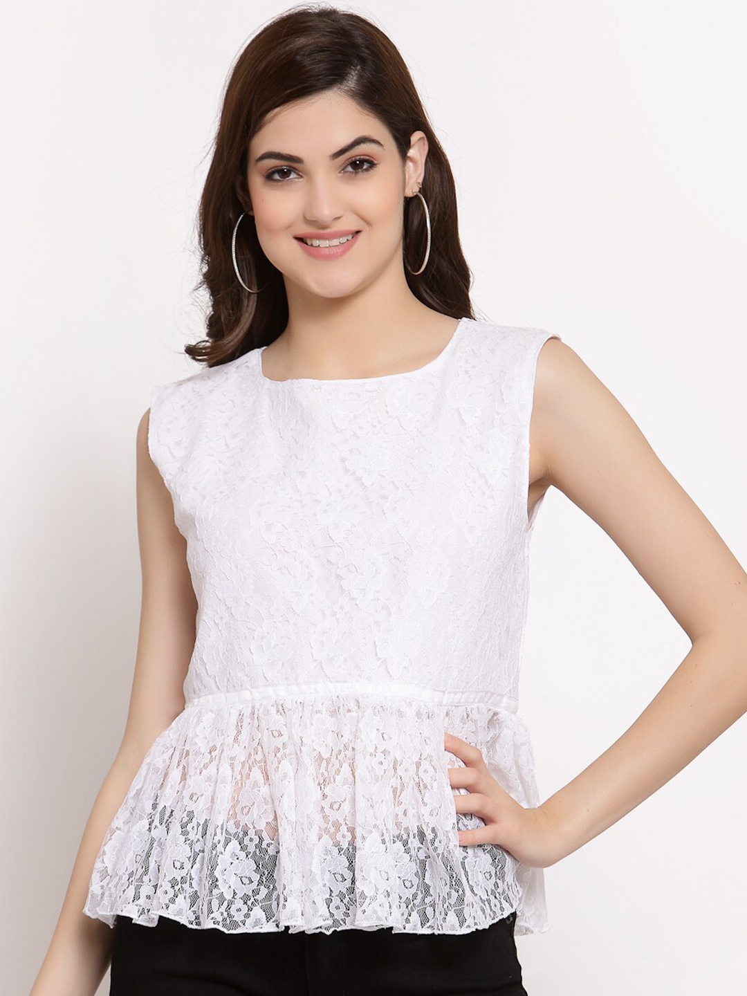 

PATRORNA Women White Lace Peplum Top