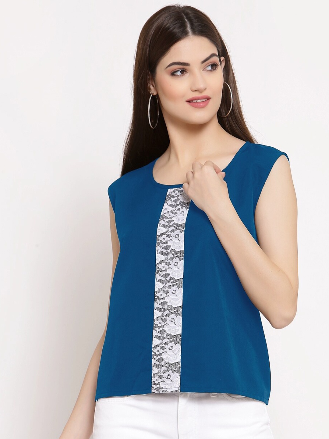 

PATRORNA Women Blue & White Round Neck Sleeveless Cotton Blend Top
