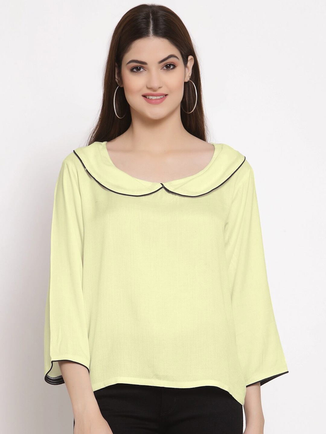 

PATRORNA Women Yellow Solid Peter Pan Collar Regular Top