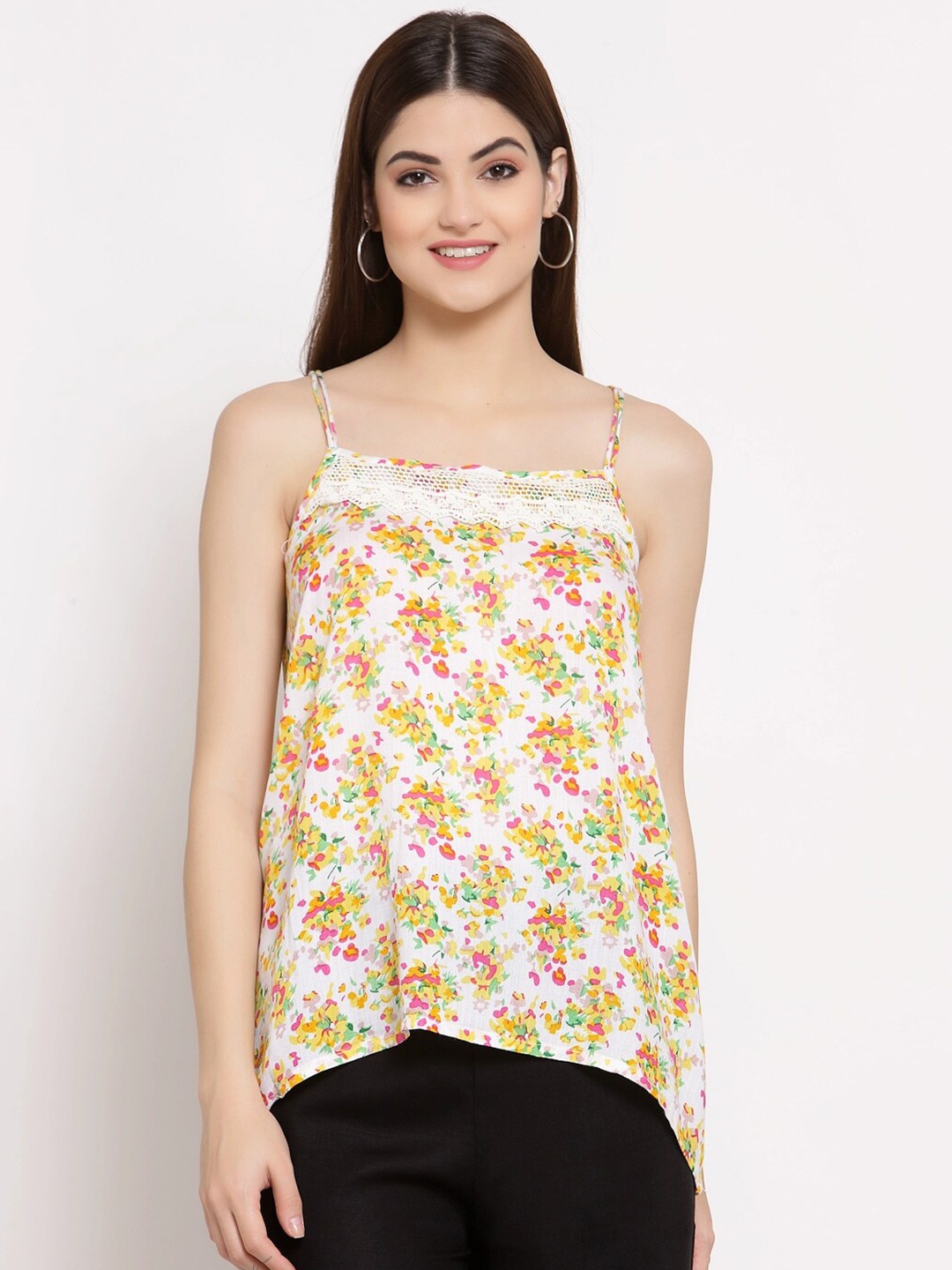 

PATRORNA Women White & Yellow Floral Print Shoulder Straps Cotton Blend Top