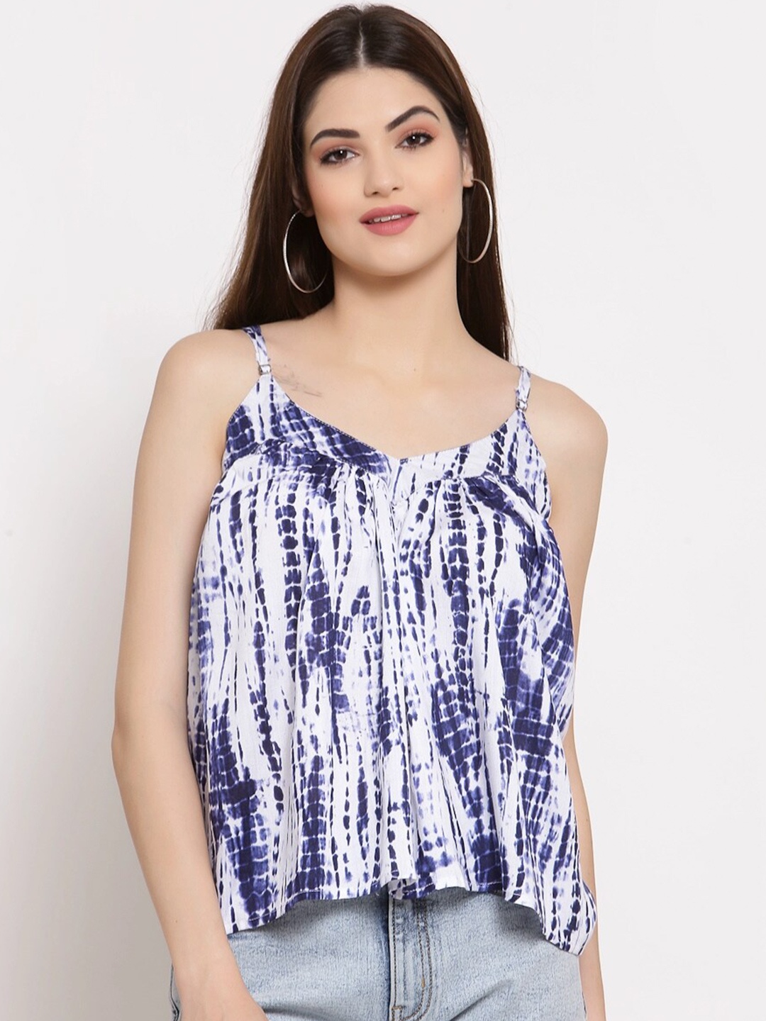 

PATRORNA Women Navy Blue & White Tie and Dye Print Cotton Blend Top
