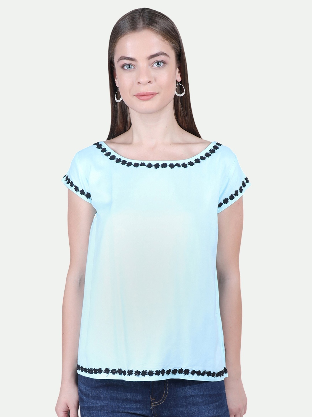

PATRORNA Blue Extended Sleeves Cotton Blend Top