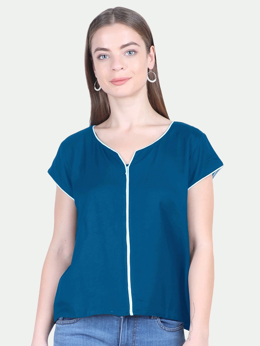 

PATRORNA Women Blue Keyhole Neck Regular Cotton Blend Top