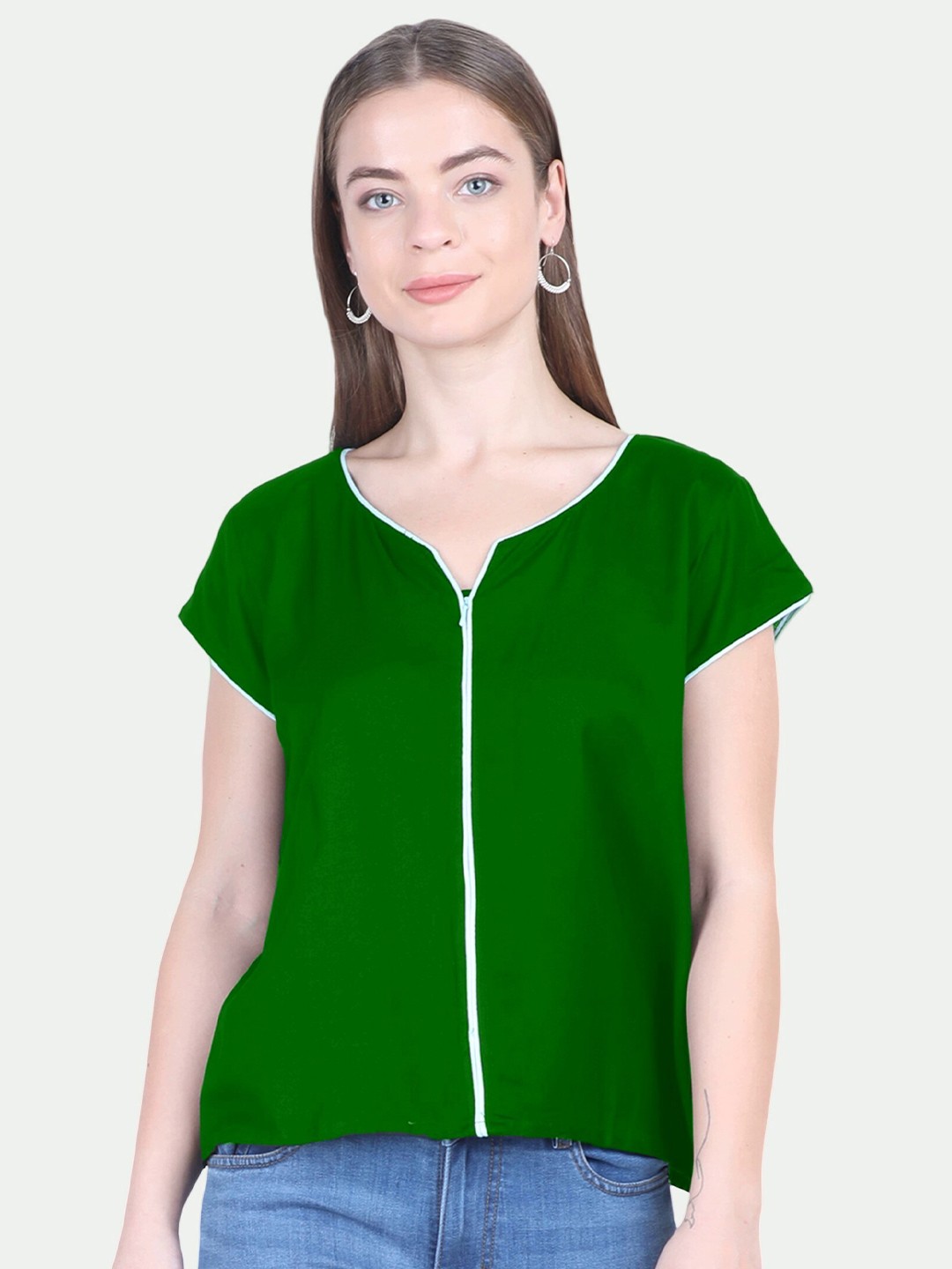 

PATRORNA Women Green & White Regular Top