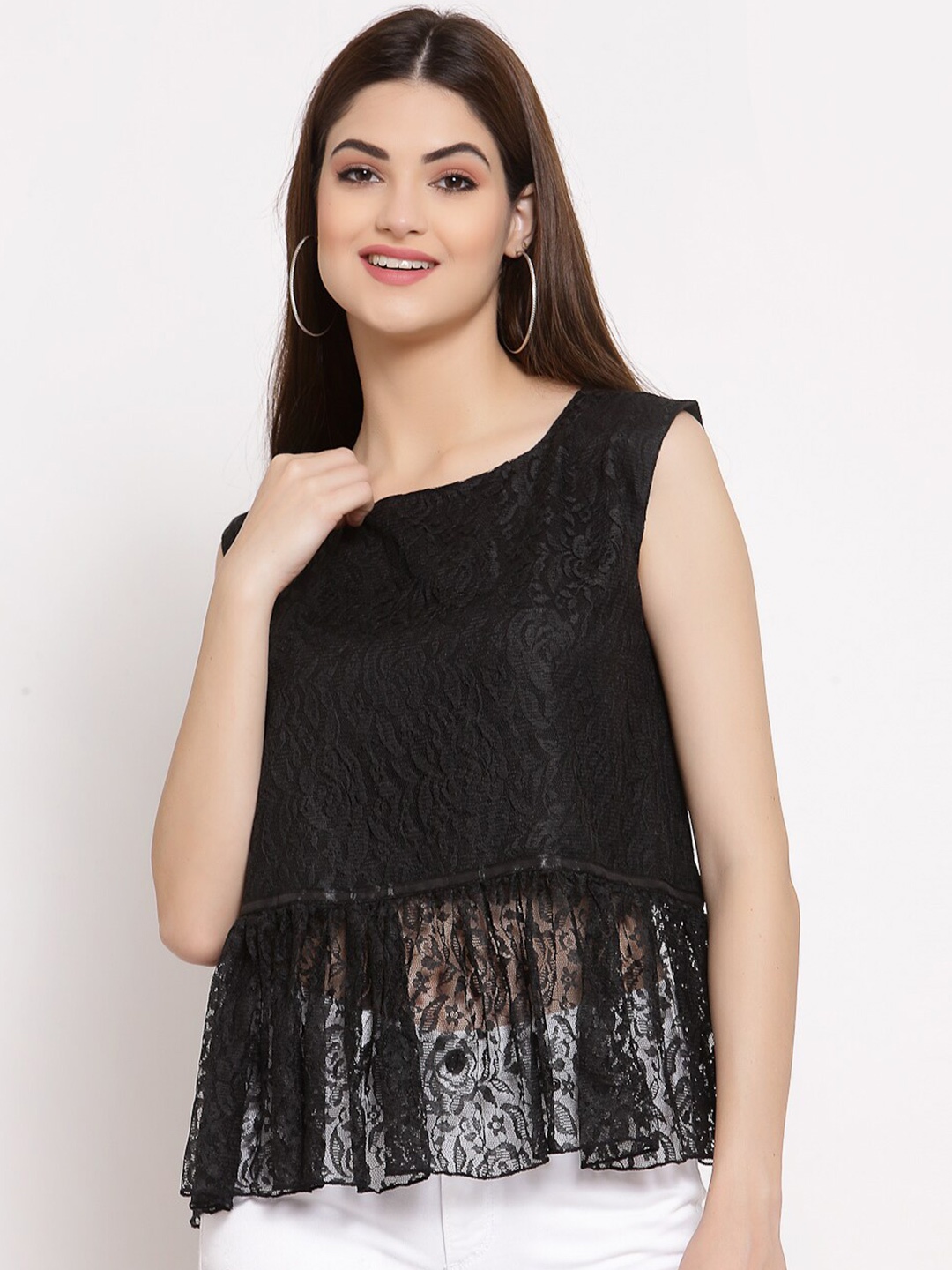 

PATRORNA Women Black Lace Work Peplum Top