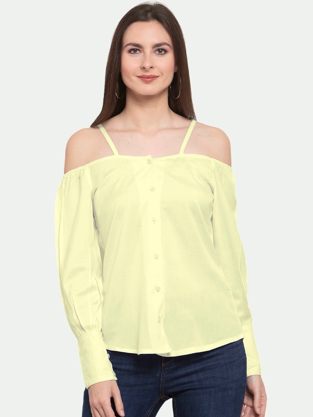 

PATRORNA Women Yellow Solid Shoulder Straps Cotton Blend Top