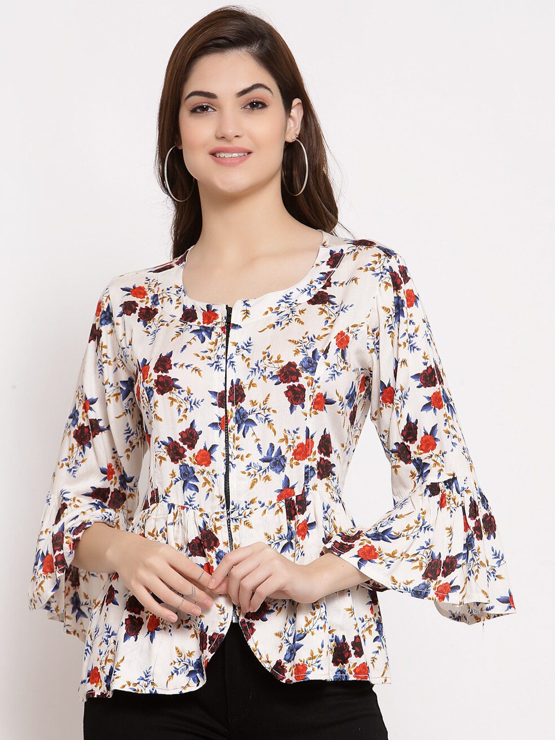 

PATRORNA Women Cream-Coloured & Red Floral Print Peplum Top