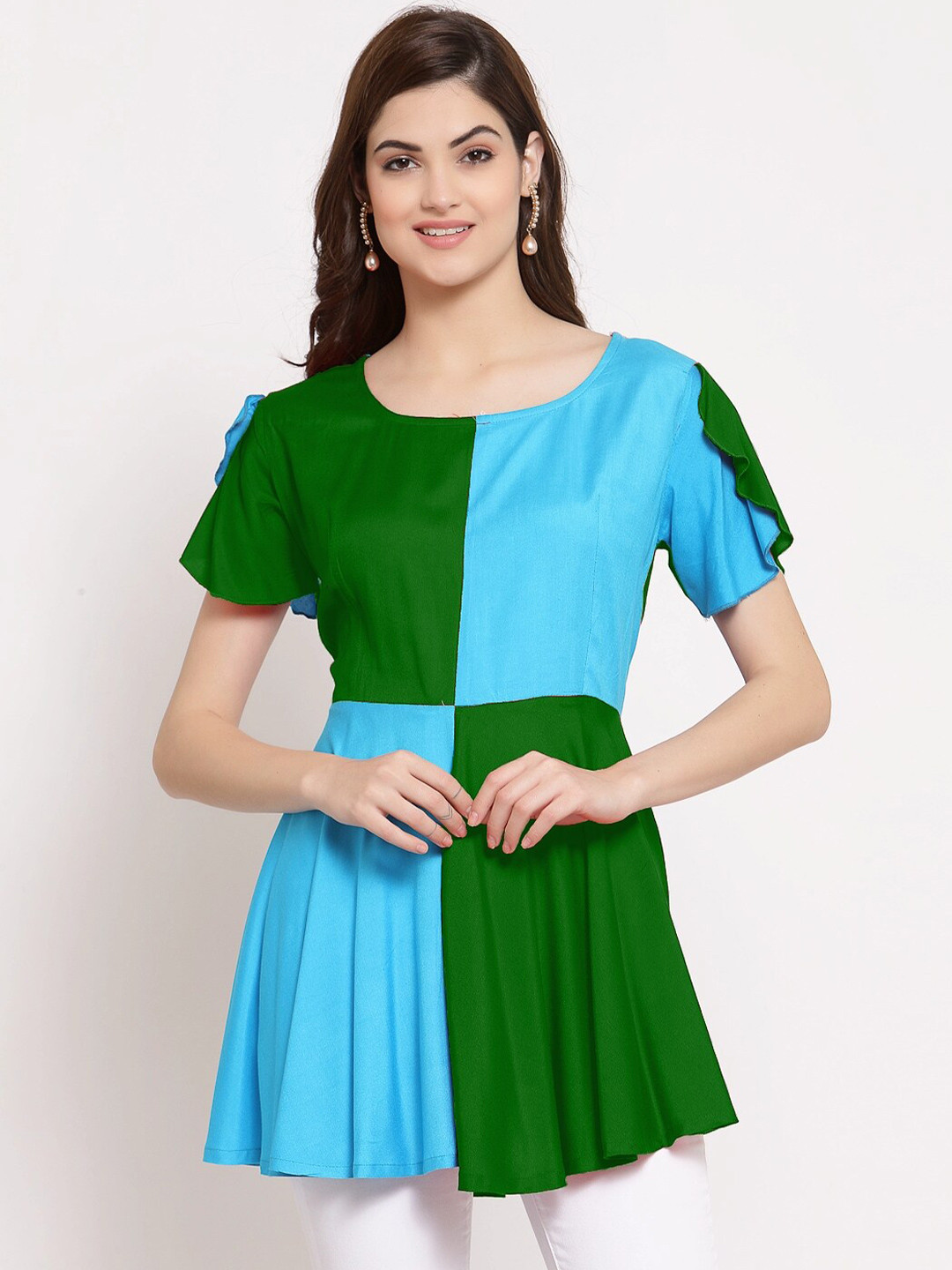 

PATRORNA Women Green & Blue Colourblocked Peplum Top