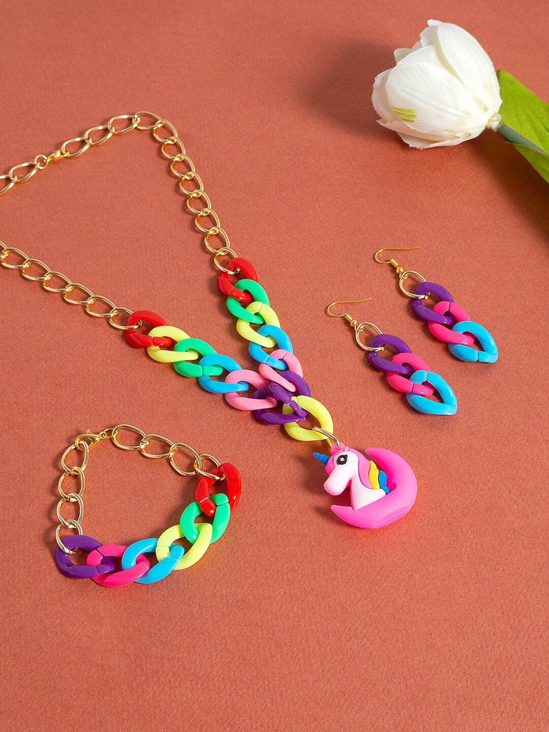 

Golden Peacock Girls Pink and Yellow Jewellery Set