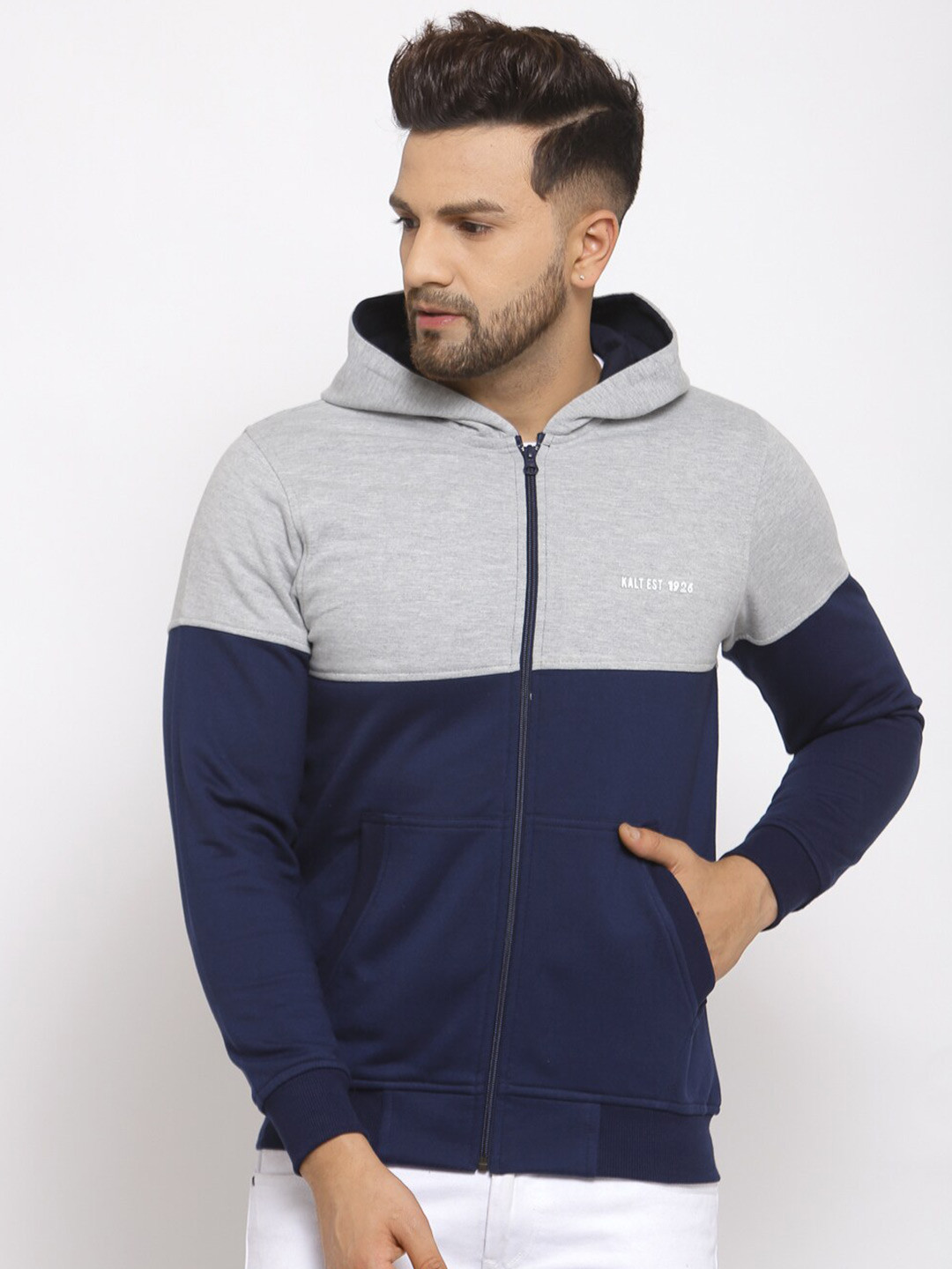 

Kalt Men Navy Blue Colourblocked Hooded Sweatshirt