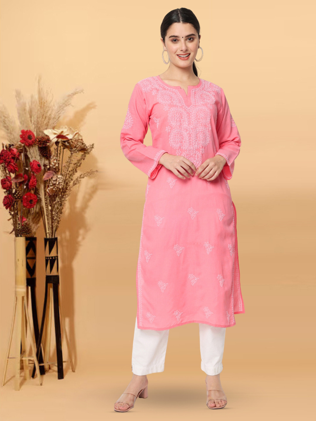 

PARAMOUNT CHIKAN Women Pink & White Embroidered Cotton Chikankari Kurta