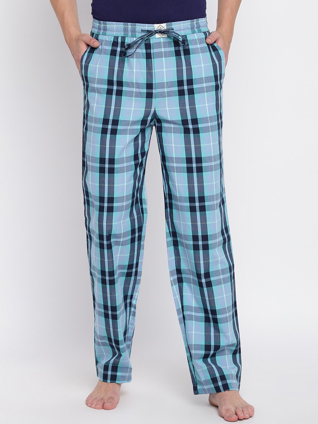 

abof Men Blue Checked Cotton Lounge Drawstring Pant