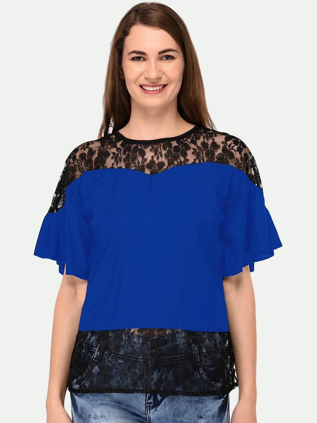 

PATRORNA Women Blue & Black Round Neck Lace-Up Top