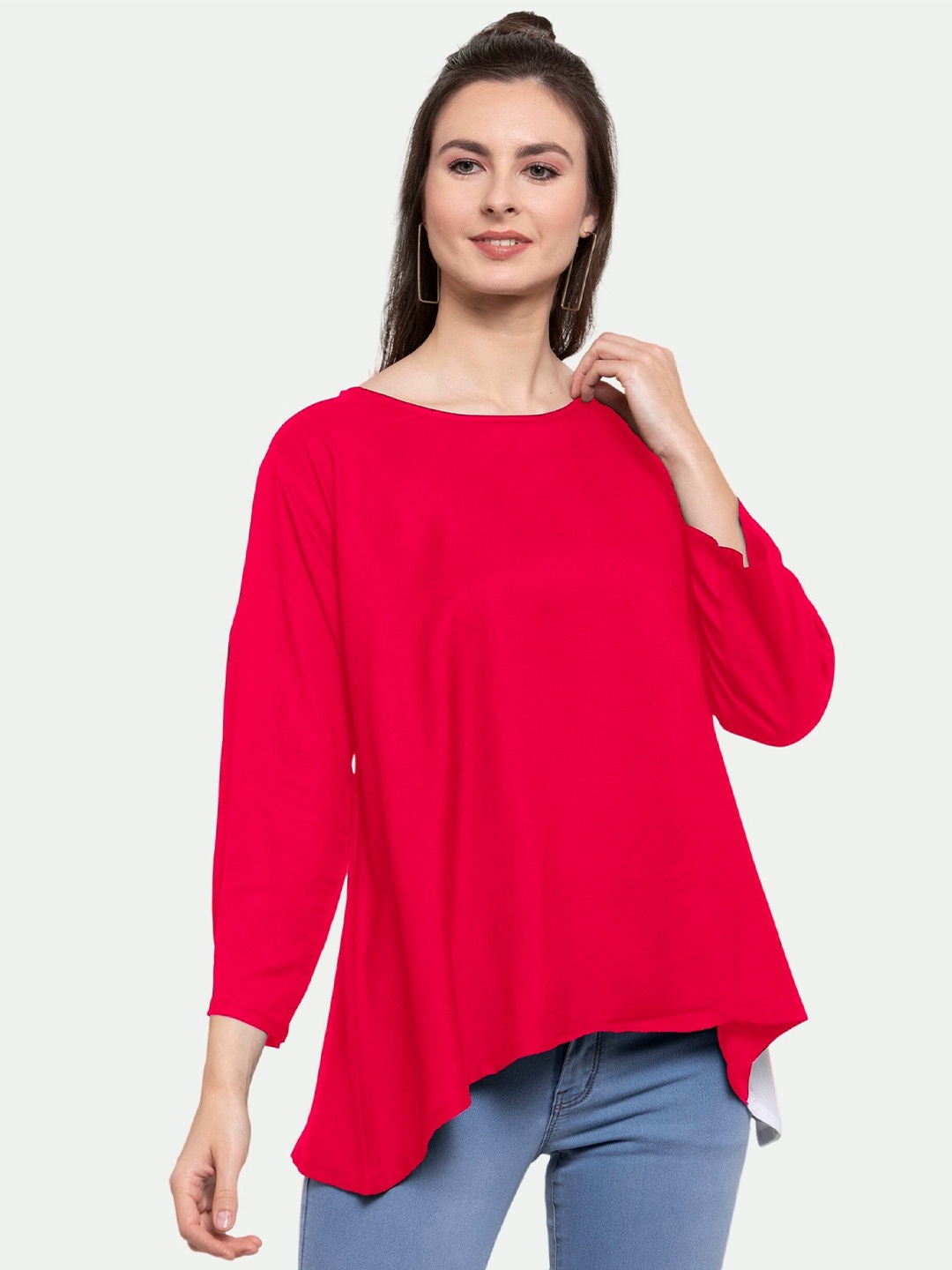 

PATRORNA Women Fuchsia & White Colourblocked Round Neck Cotton Blend Top