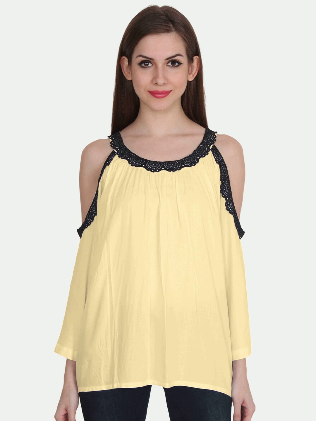 

PATRORNA Women Plus Size Gold-Toned & Black Lace Inserted Cold Shoulder Boxy Top