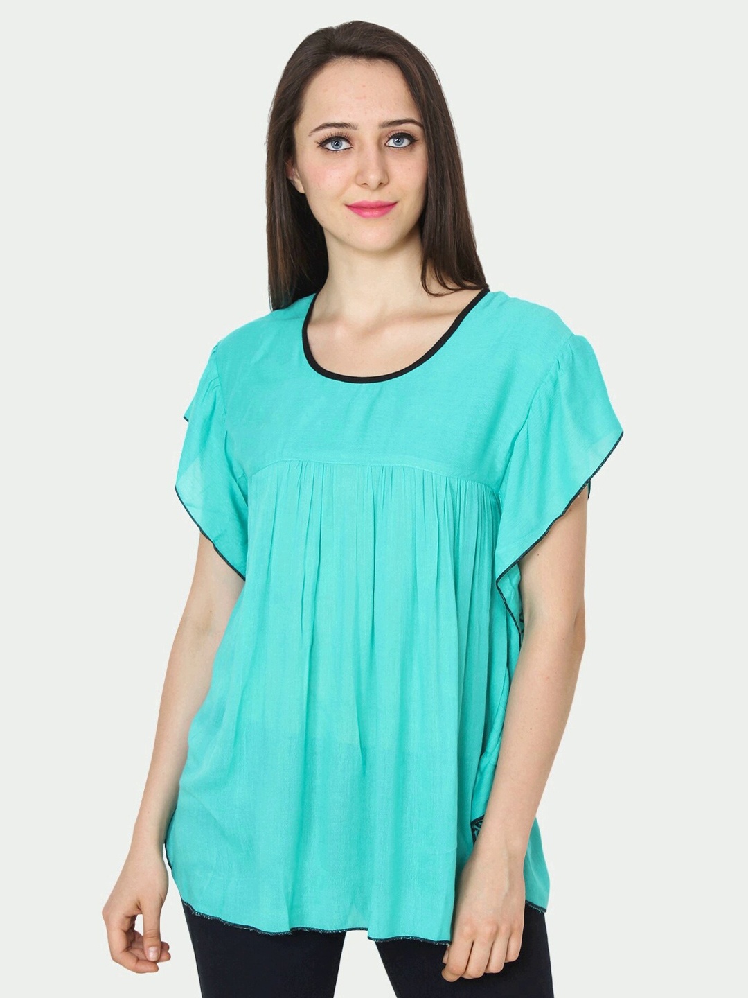 

PATRORNA Plus Size Women Sea Green Pleated Kimono Sleeves Top