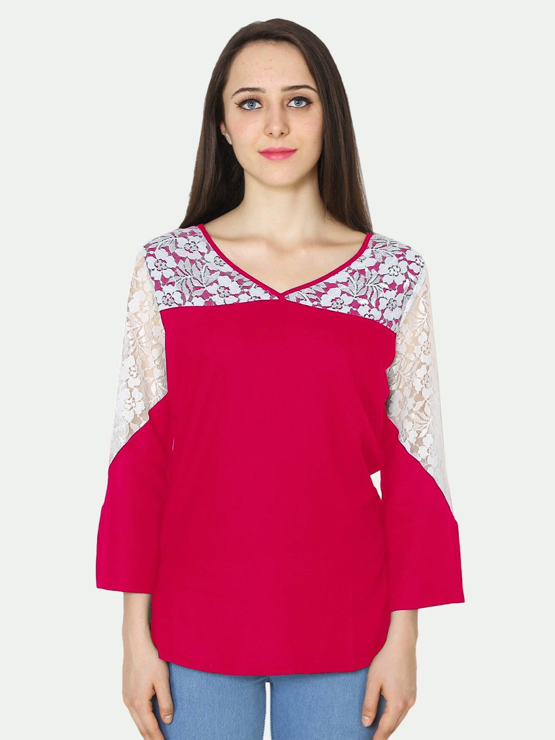 

PATRORNA Plus Size Women Pink And White Lace Detail Blouson Top