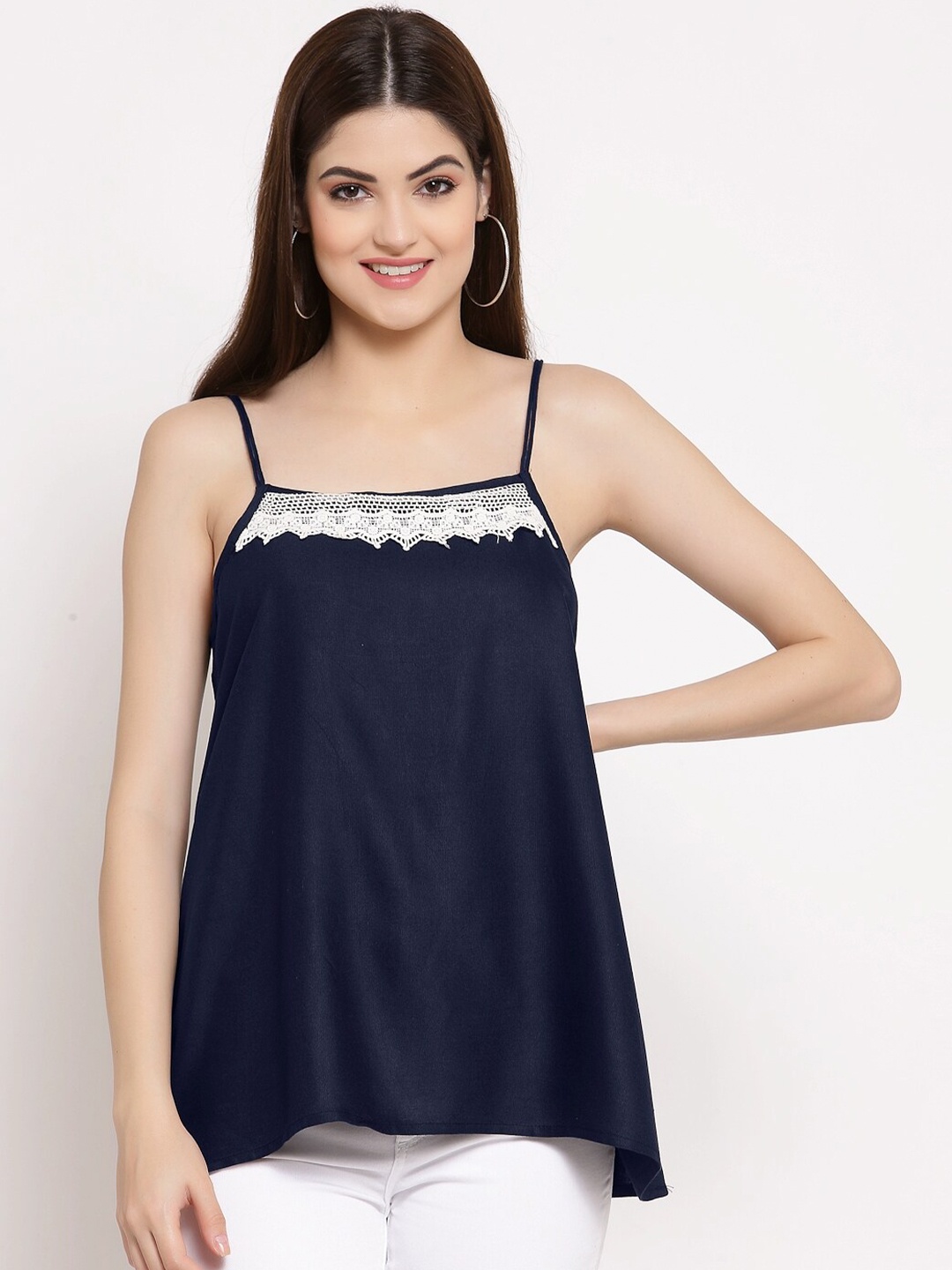 

PATRORNA Women Plus Size Dark Blue & White Lace Inserted Asymmetrical A-line Top