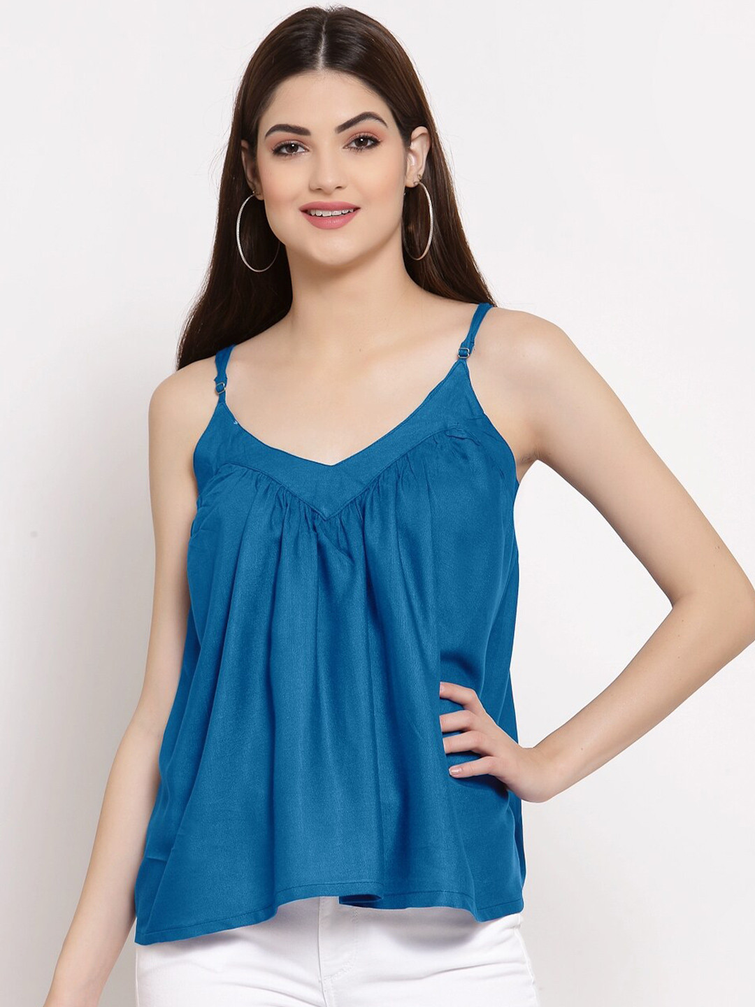 

PATRORNA Women Blue Solid Shoulder Straps Cotton Blend Top