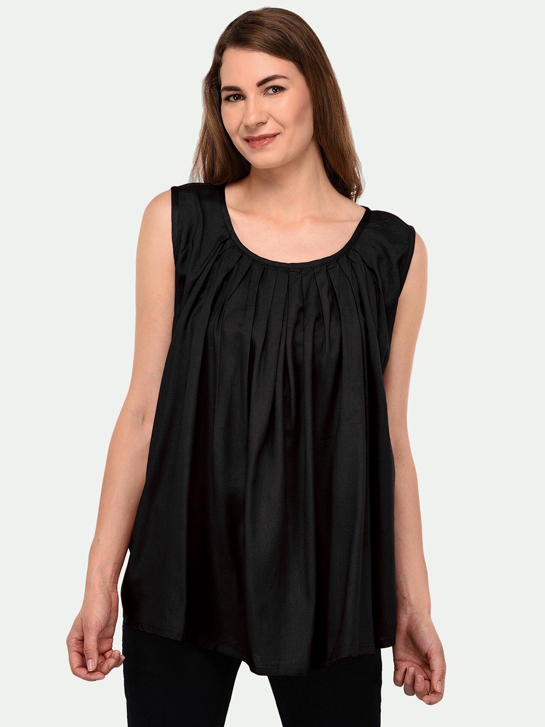 

PATRORNA Women Black Solid Round Neck Sleeveless Cotton Blend Top