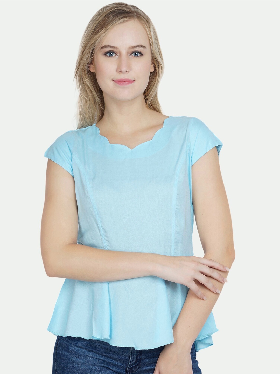

PATRORNA Blue Solid Peplum Top