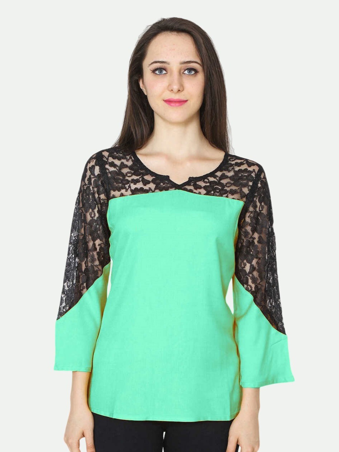 

PATRORNA Women Sea Green & Black Keyhole Neck Cotton Blend Top
