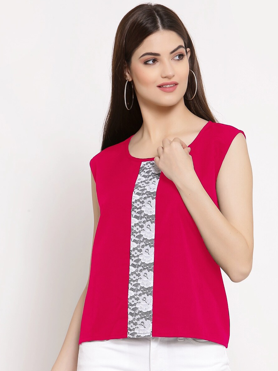 

PATRORNA Women Pink Solid Lace Inserted Antimicrobial Casual Top