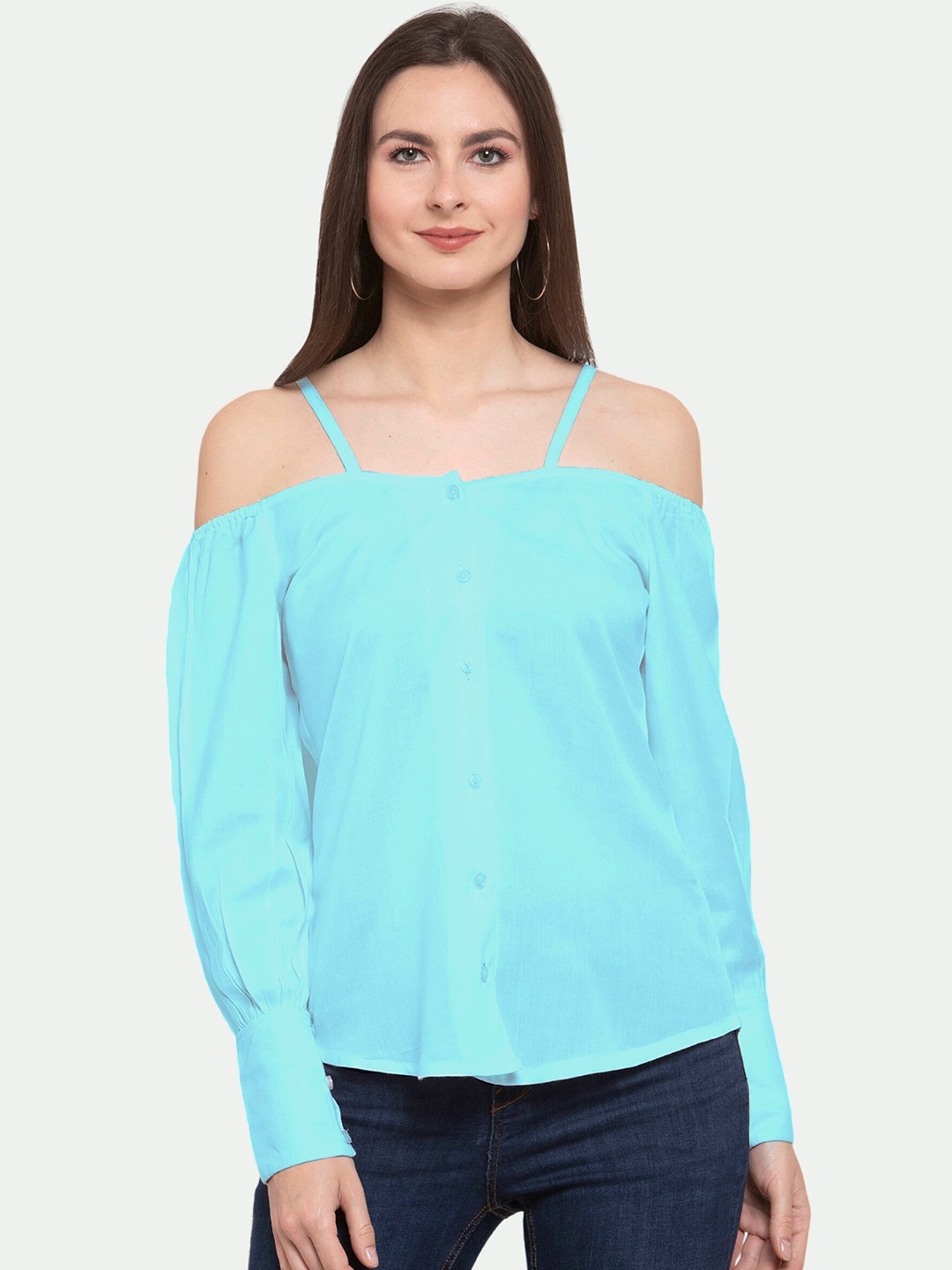

PATRORNA Turquoise Blue Solid Off-Shoulder Strap Shirt Style Top
