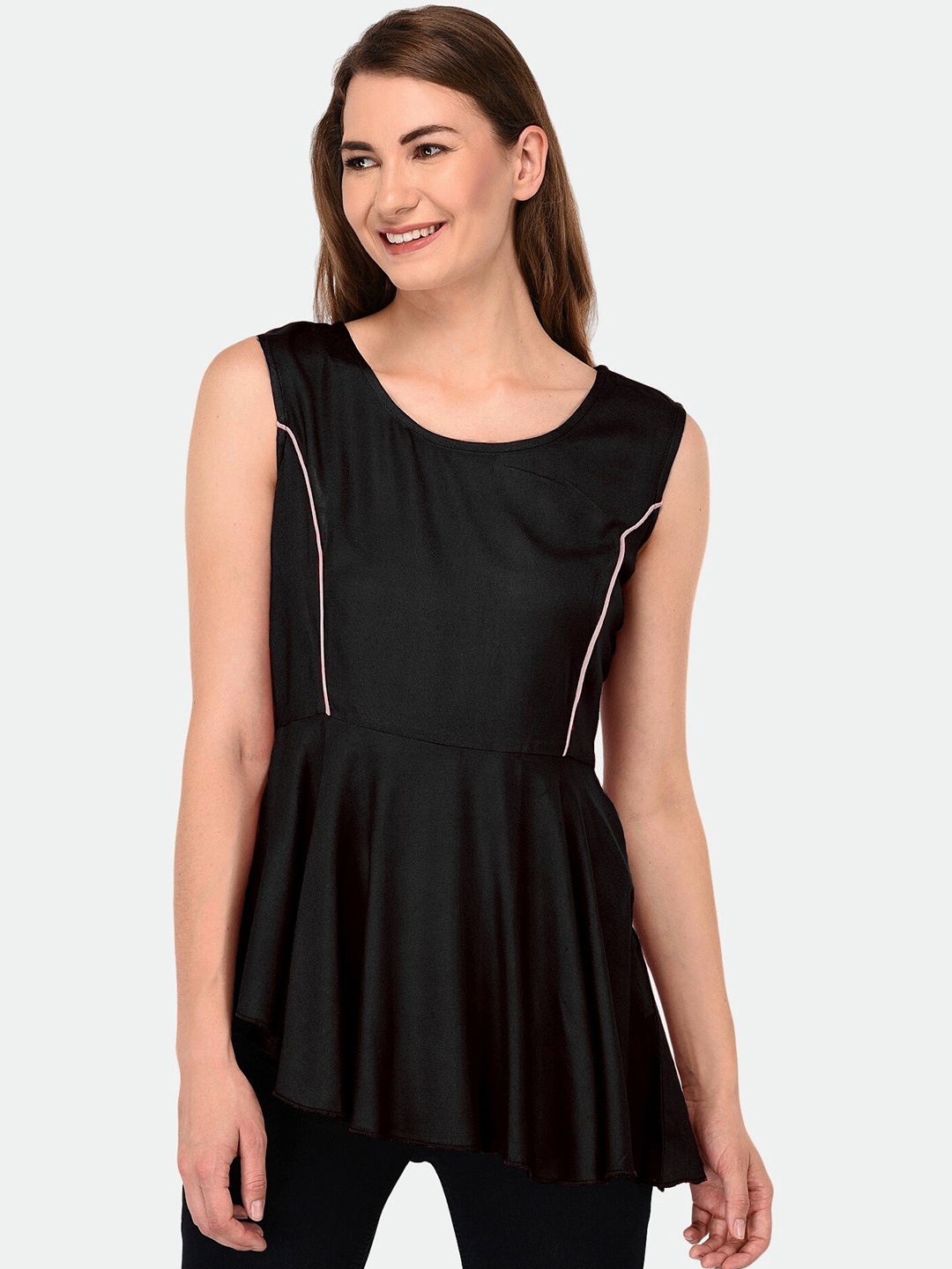 

PATRORNA Black Solid Round Neck Peplum Cotton Blend Top
