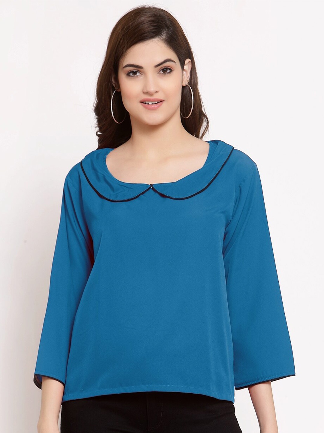 

PATRORNA Women Blue Solid Peter Pan Collar Antimicrobial Casual Top