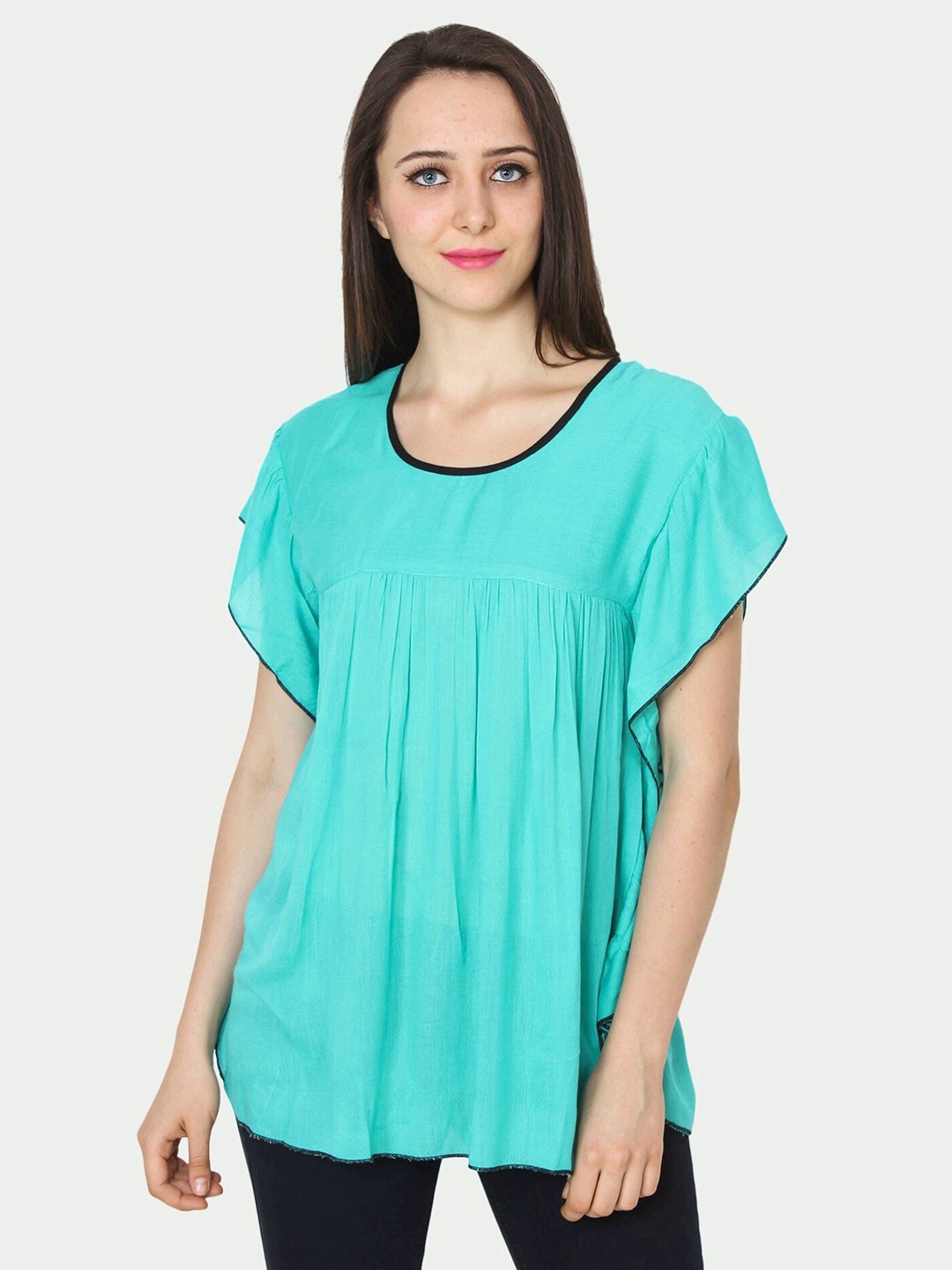 

PATRORNA Women Sea Green Solid Round Neck Kimono Sleeves Top