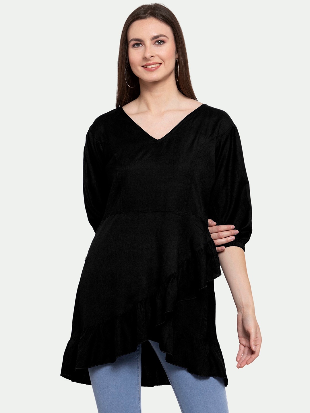 

PATRORNA Black Solid V-Neck High-Low Longline Cotton Blend Top
