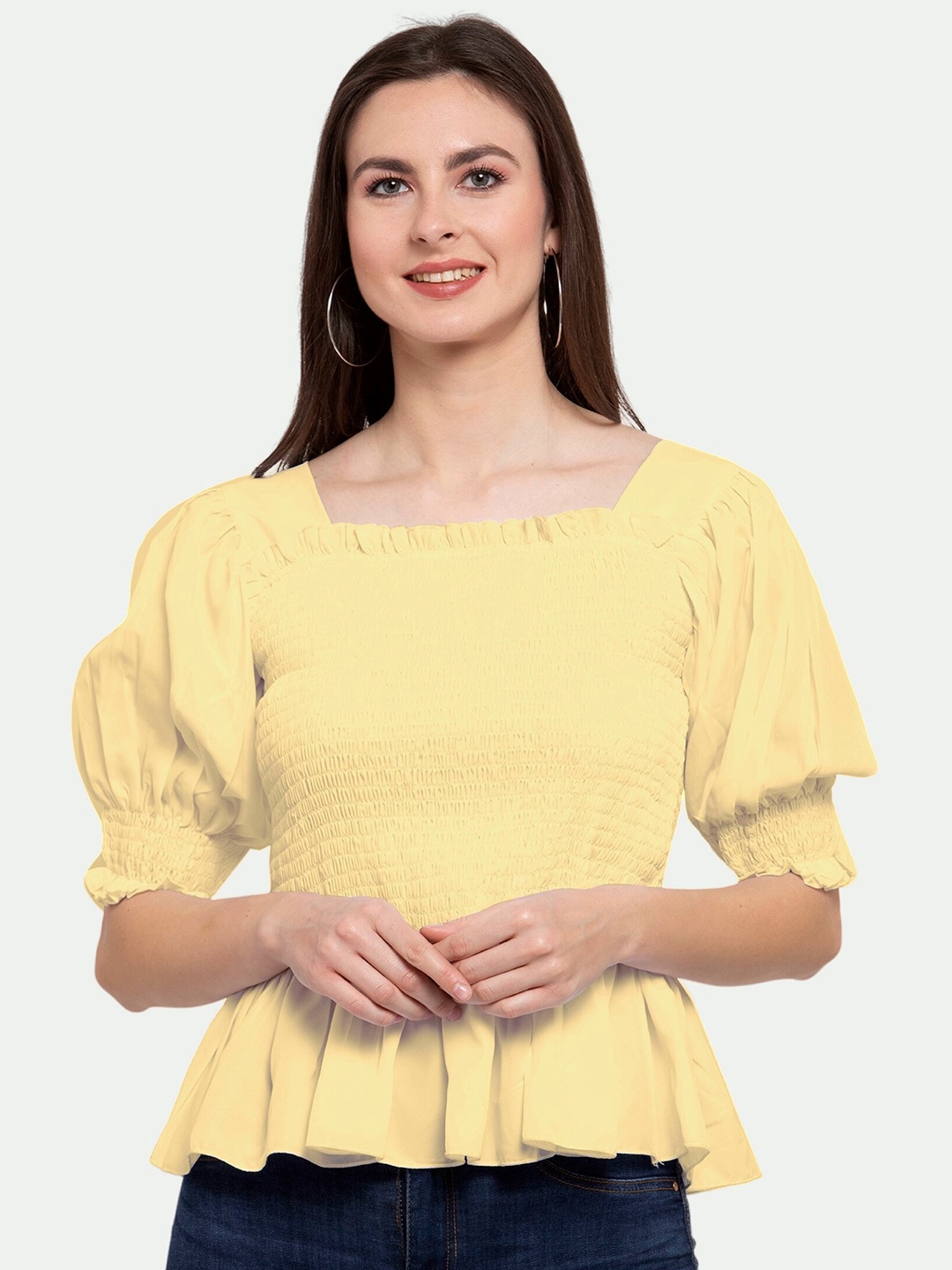 

PATRORNA Women Yellow Smocked Peplum Top