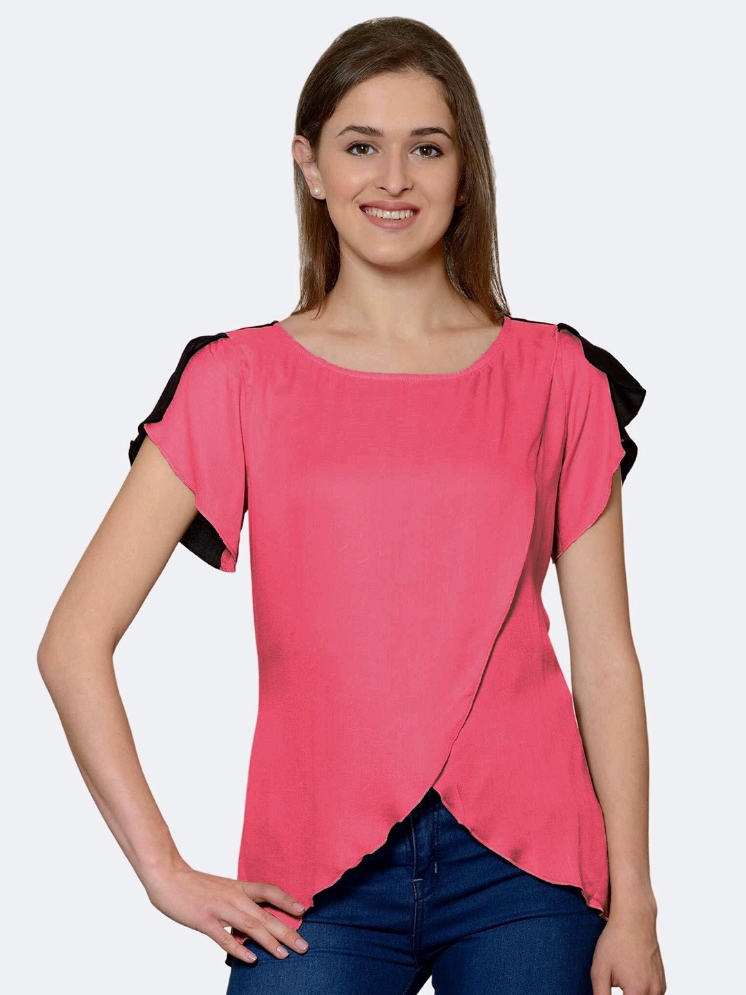 

PATRORNA Women Pink & Black Colorblocked Antimicrobial Wrap Top