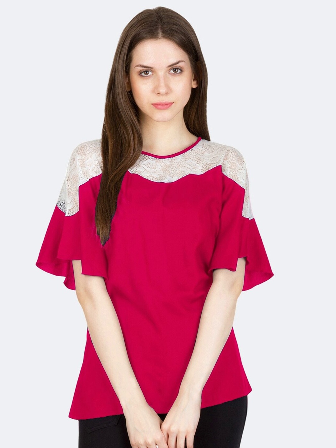 

PATRORNA Women Red & White Round Neck Lace Work Flared Sleeves Cotton Blend Top
