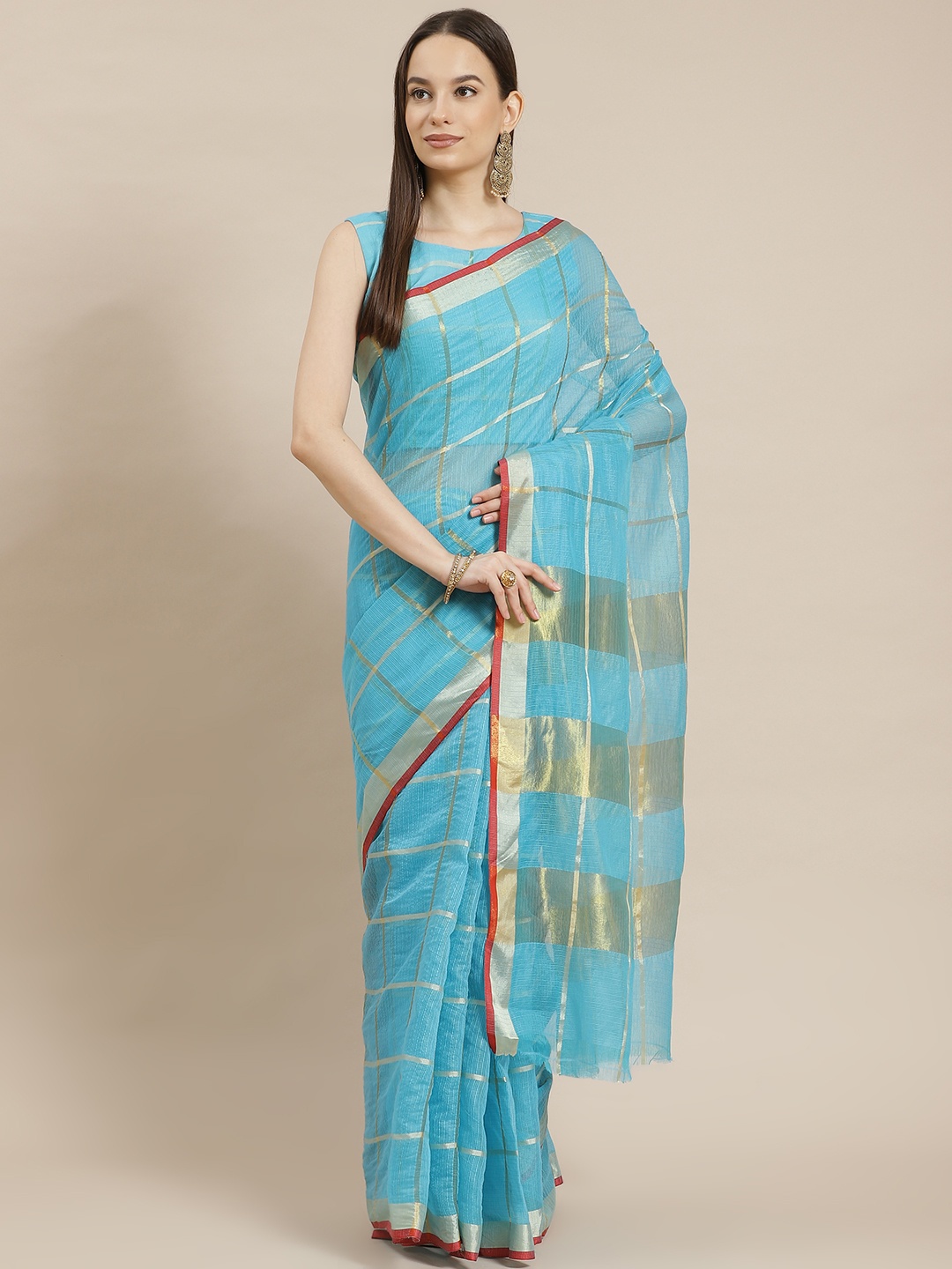 

Kvsfab Blue Checked Zari Silk Cotton Saree